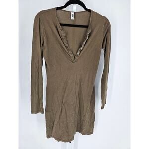 Vintage Y2K Classic Girl Womens Sz L Long Sleeve Shirt Dress Dark Beige V Neck